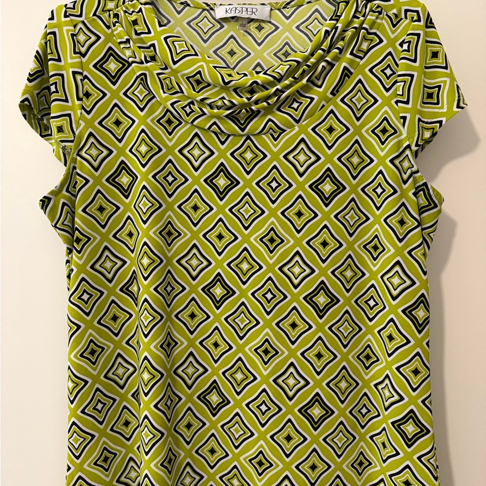 Kasper Green Geometric Cowl Neck Blouse